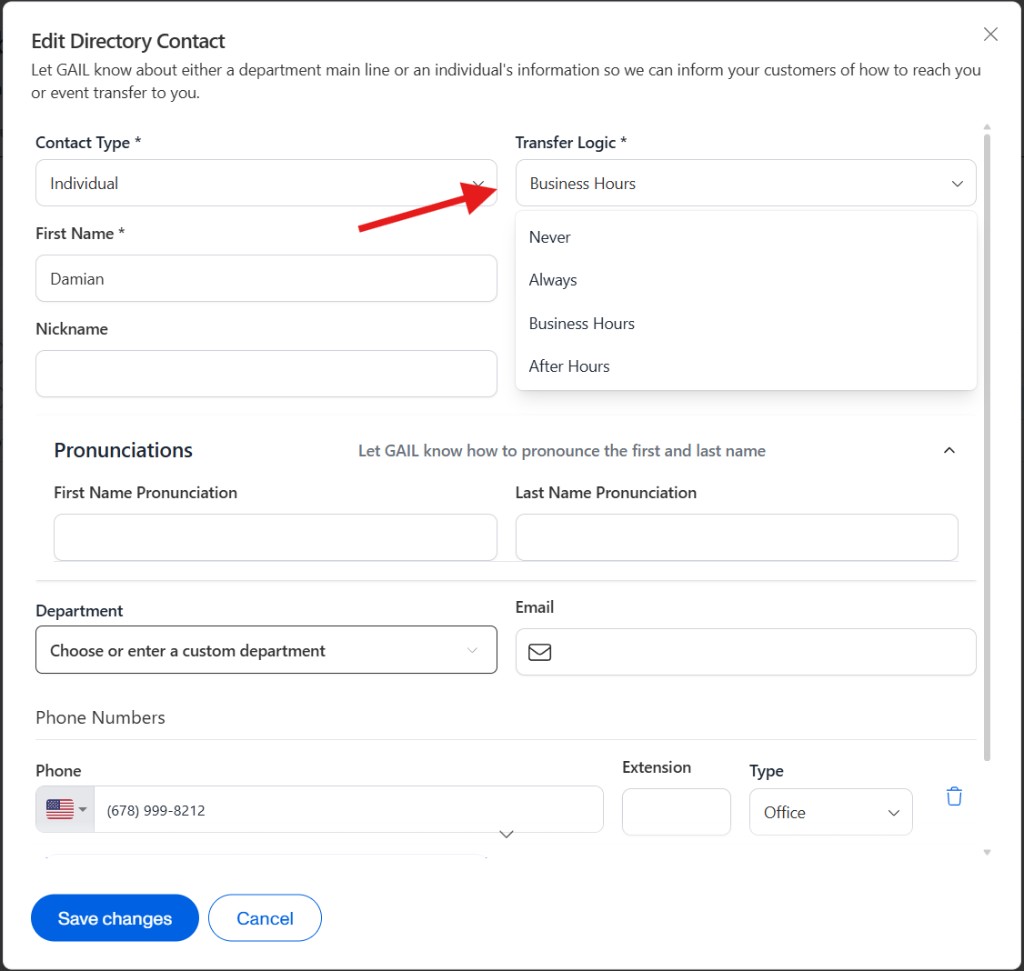 Transfer Logic dropdown options