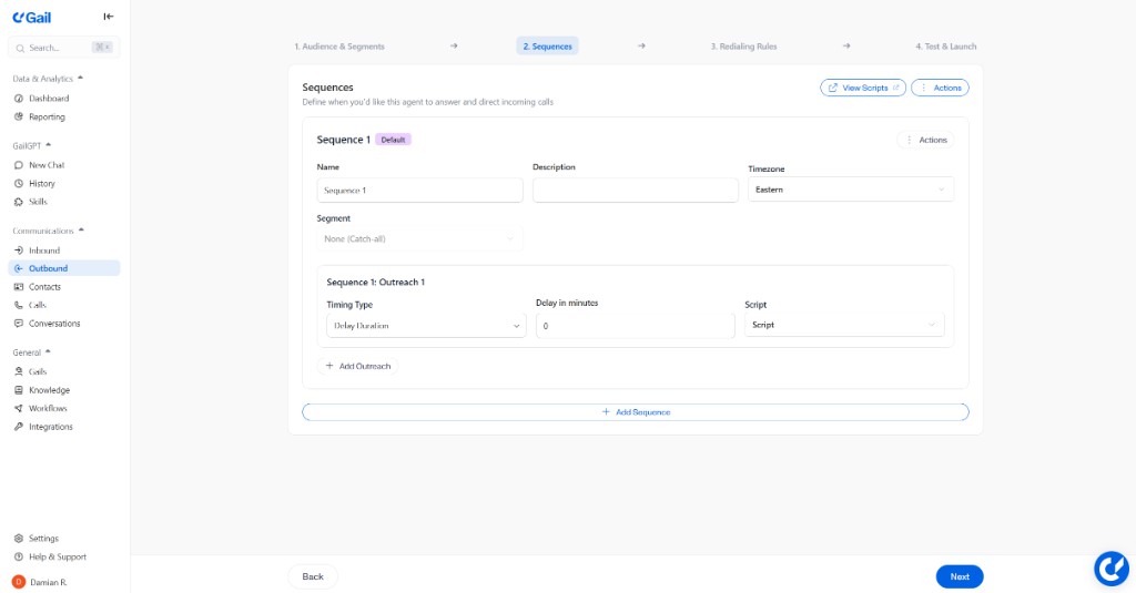 Sequence builder with name, timing, and outreach configuration