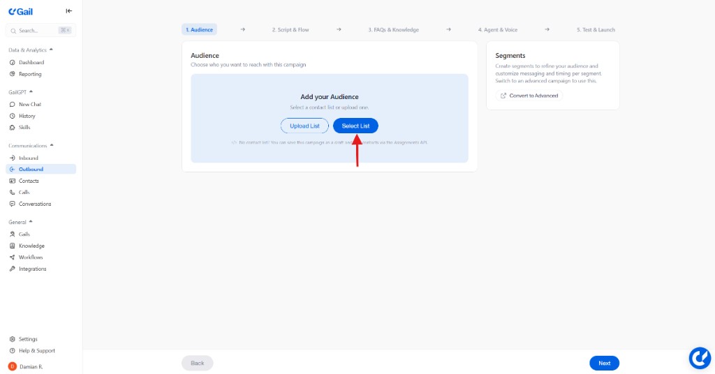 Audience step showing contact list selection