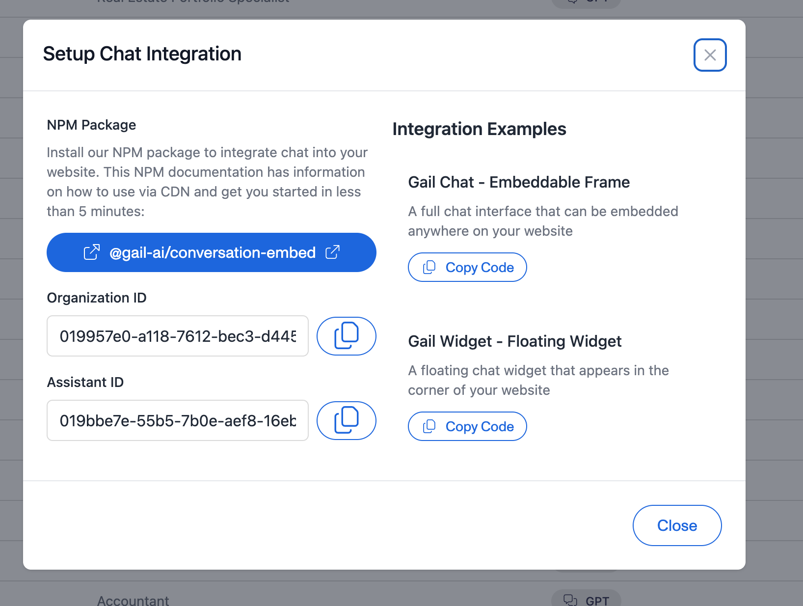 Setup Chat Integration modal