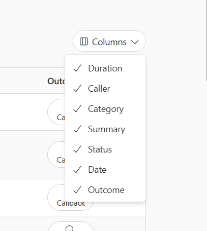 Columns dropdown
