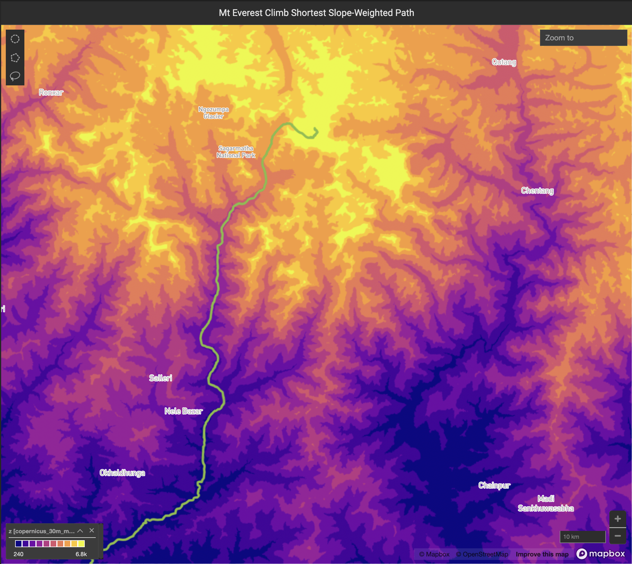 Result of the example query above, showing the shortest slope-weighted path between the Nepali planes and the peak of Mt. Everest. The path closely mirrors the actual climbing route used.