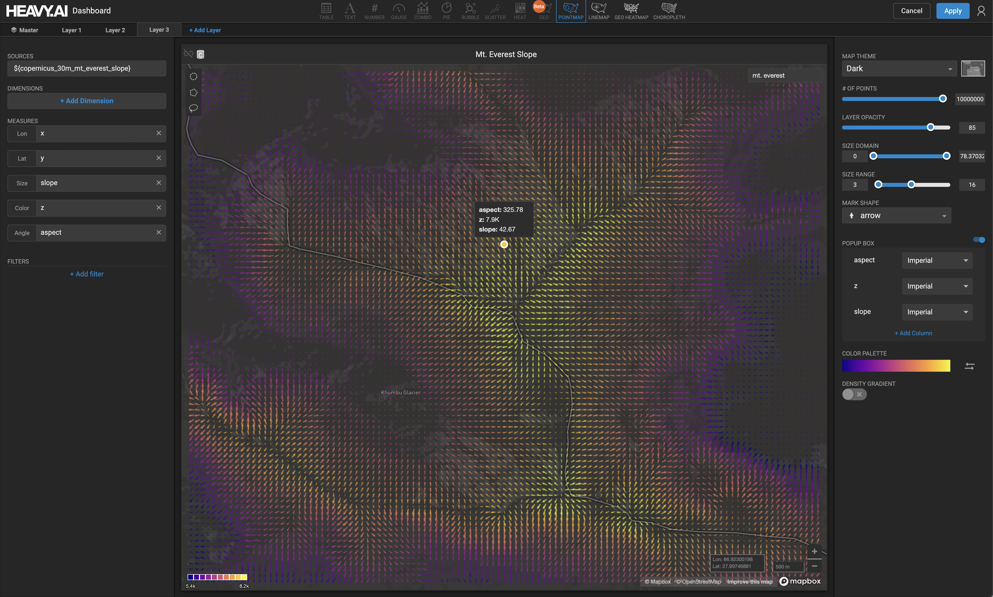 Inline generation of slope-field using the above example query, showing the computed slopes over 90-meter binned Copernicus 30m DEM data. Note that this can be done in Immerse using a custom source, and optionally parametrized if desired. The direction of the slope (aspect) is indicated by the direction of the arrows.