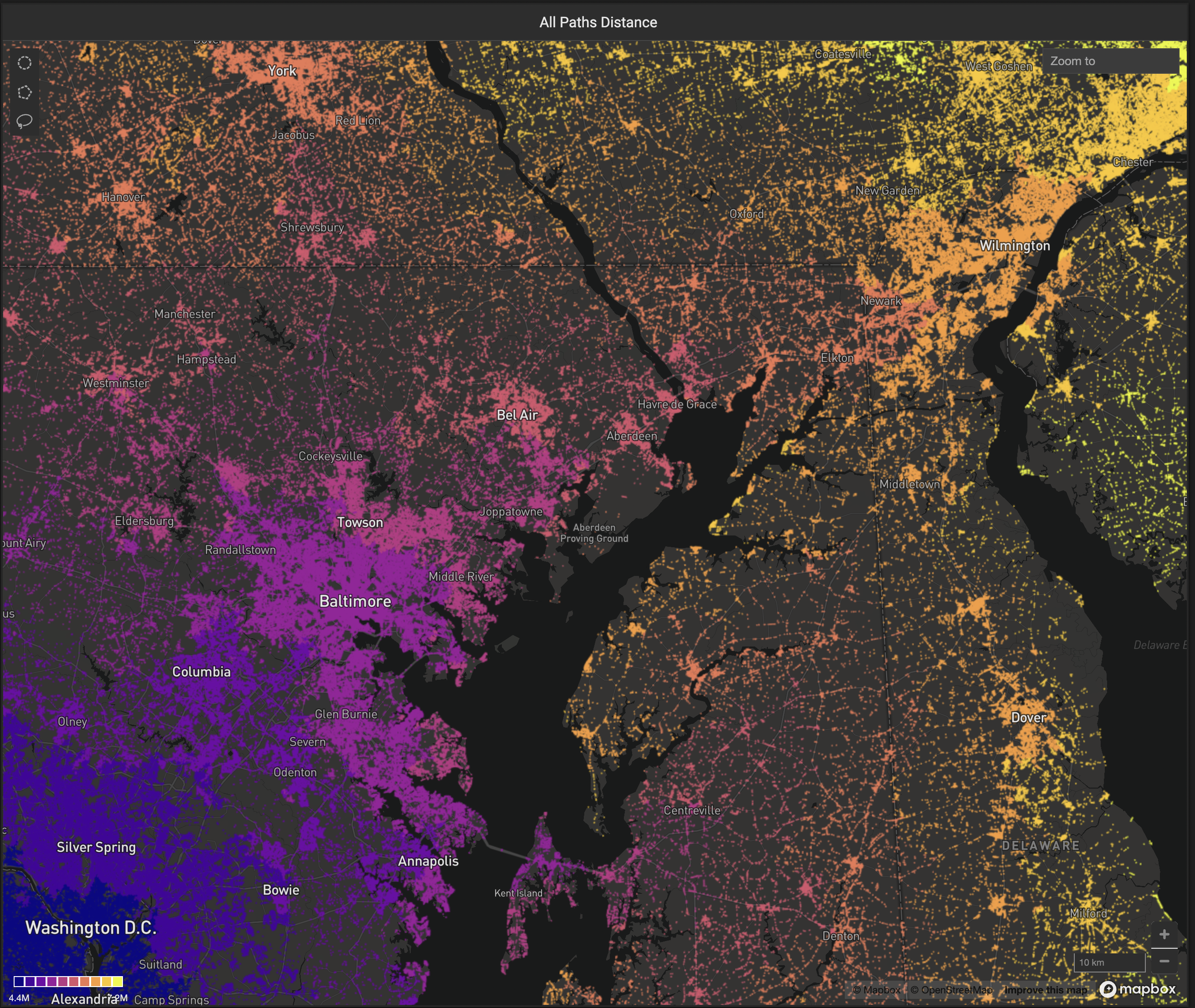 Rendered chart of the output of tf_graph_shortest_paths_distances along an Eastern US time-traversal weighted edge graph. The shortest travel destinations are rendered in blue, and the furthest travel destinations in yellow.