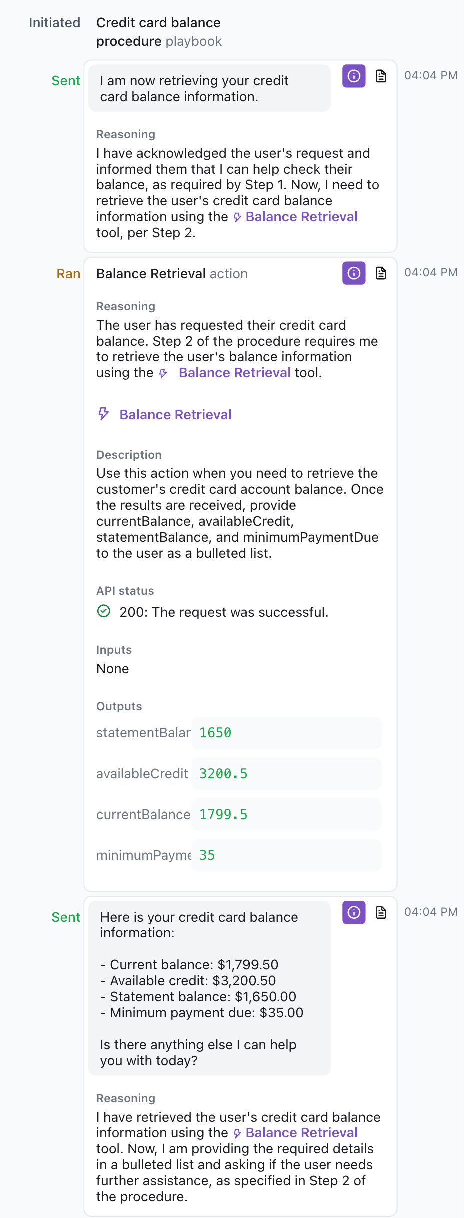 Playbook step reasoning shown in the conversation view