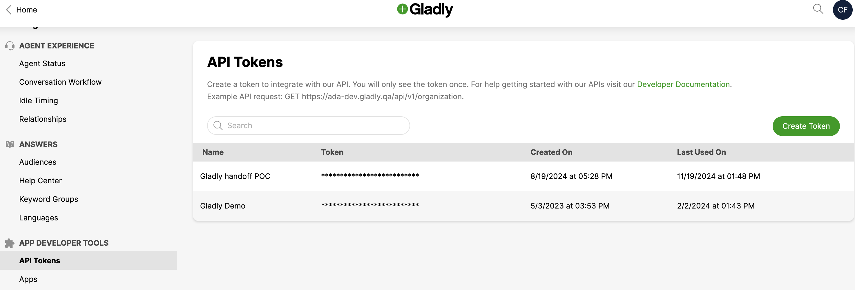 The API Tokens page in Gladly with a Create Token button
