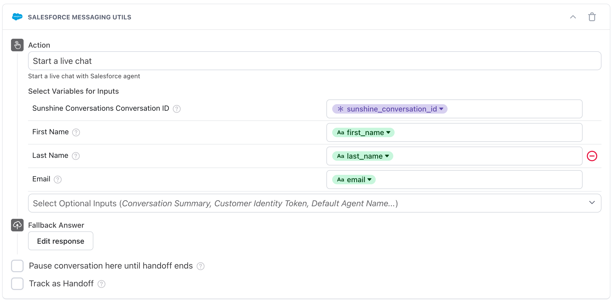 Salesforce Messaging handoff block
