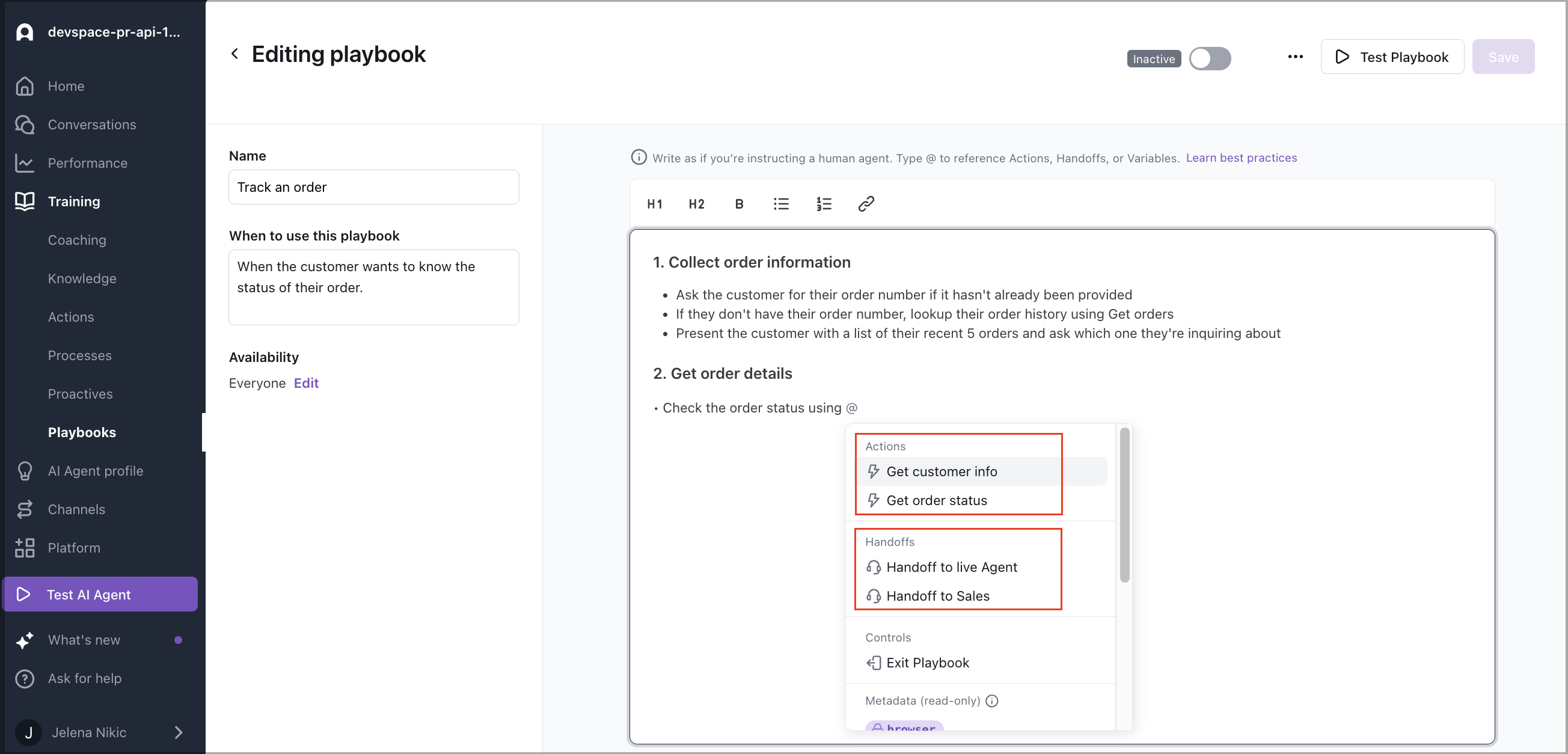 Playbooks: Actions and Handoffs