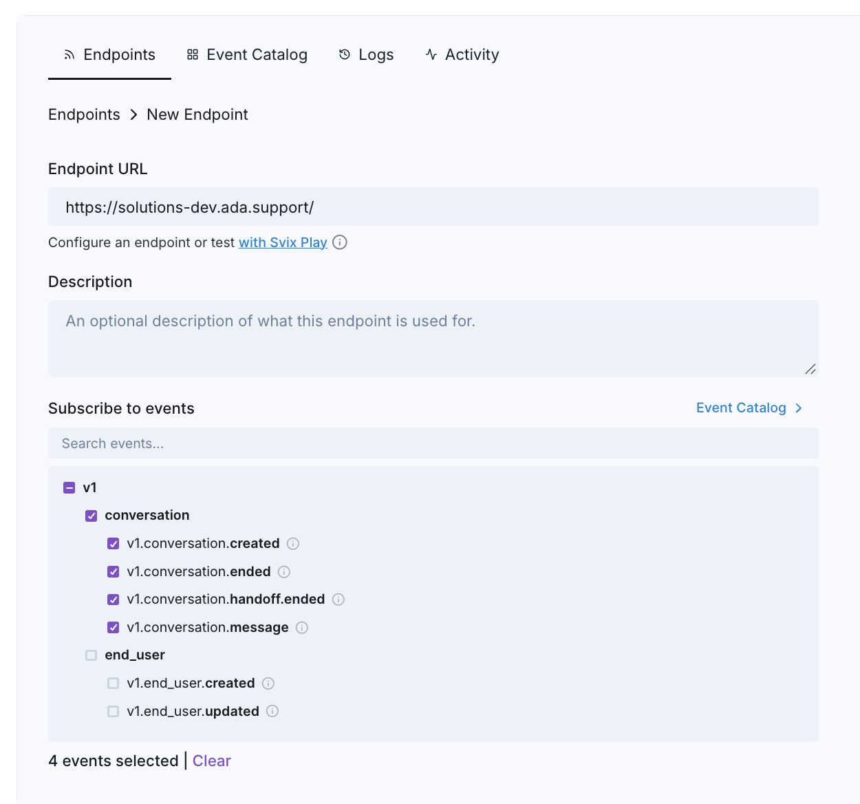 Webhook conversation event subscriptions