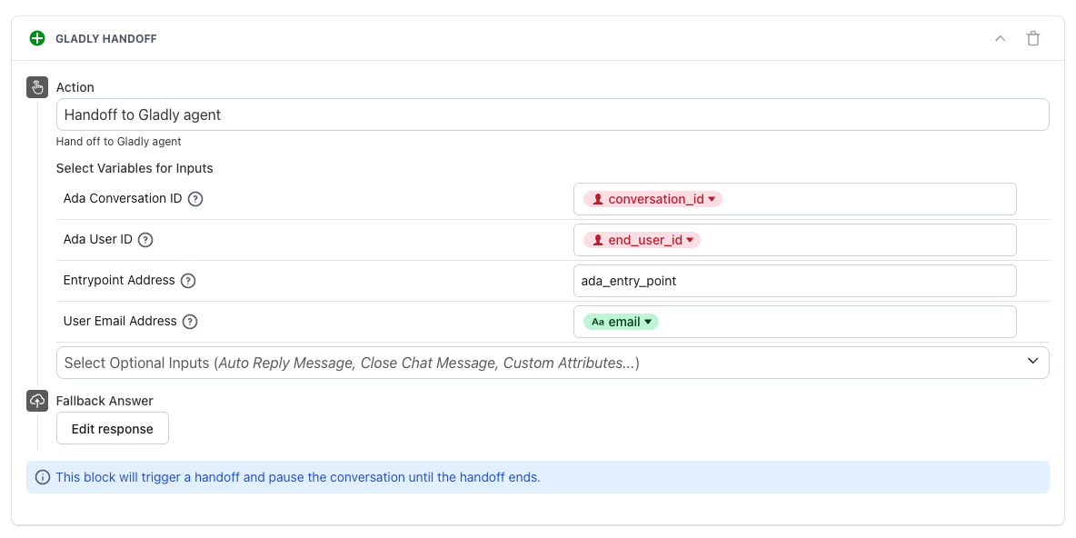 The Gladly handoff block in an Ada answer with its input fields