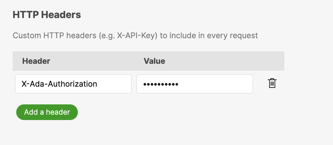 A custom X-Ada-Authorization header configured on a Gladly webhook