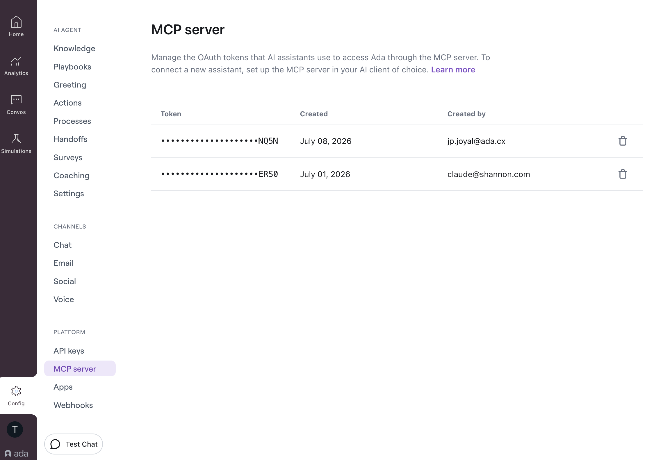 The MCP Server page listing authorized AI assistant connections, each with its masked token, creation date, and the email of the person who authorized it.