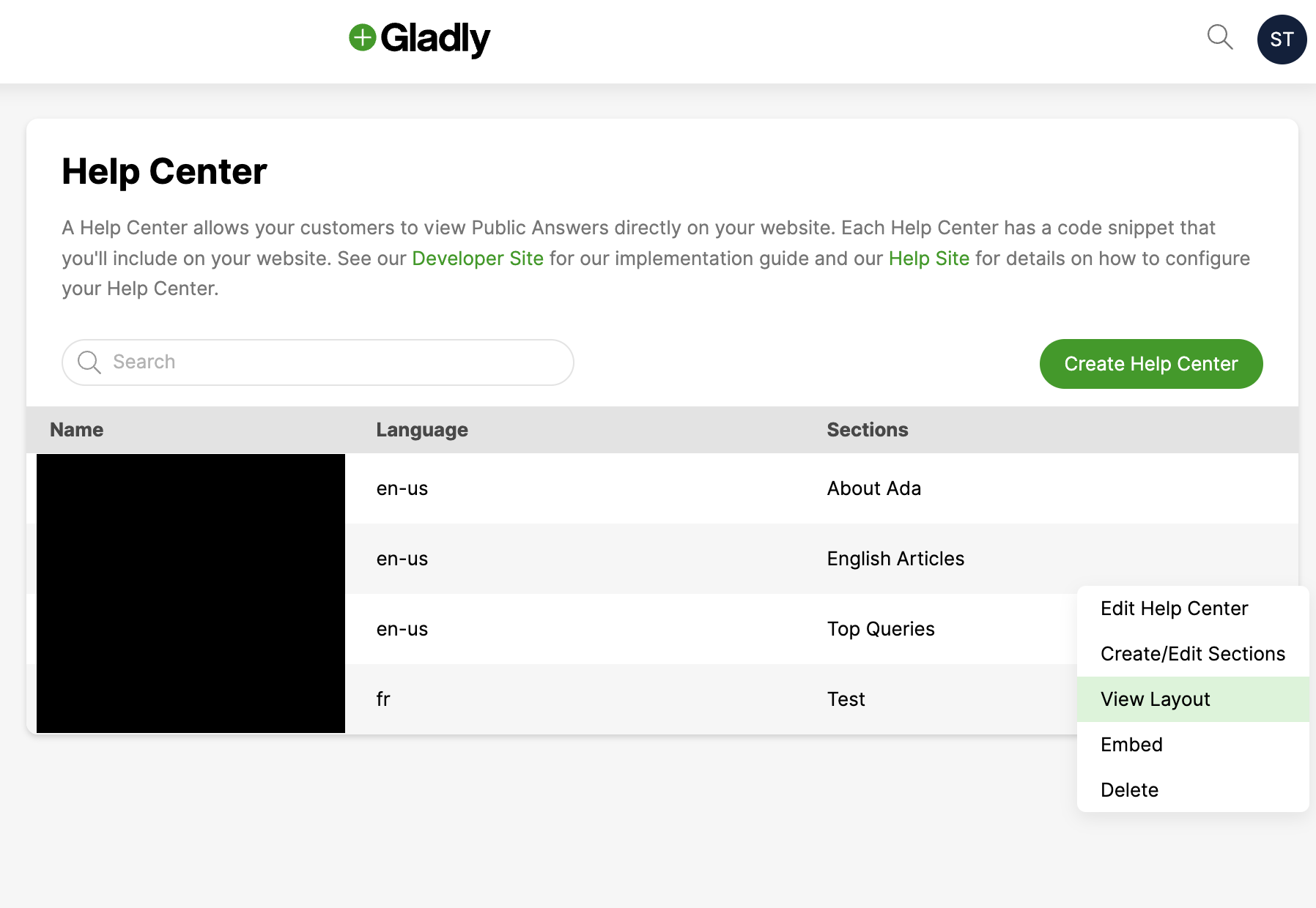 The Help Center list in Gladly with the View Layout option selected