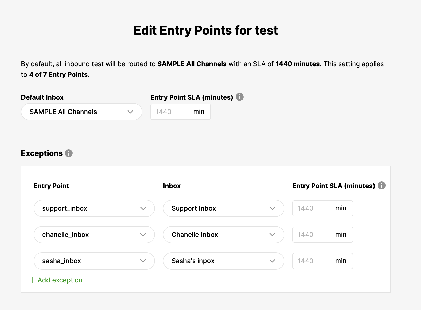 Entry point to inbox routing exceptions in Gladly
