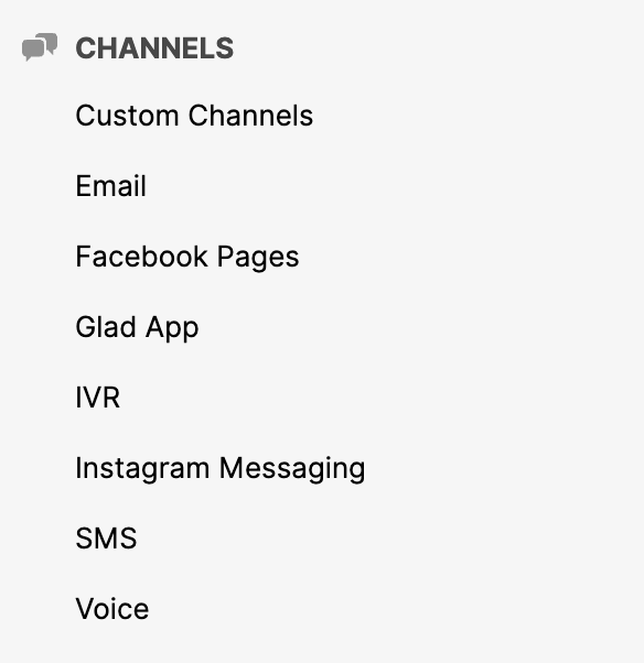 Custom Channels listed under the Channels menu in Gladly settings