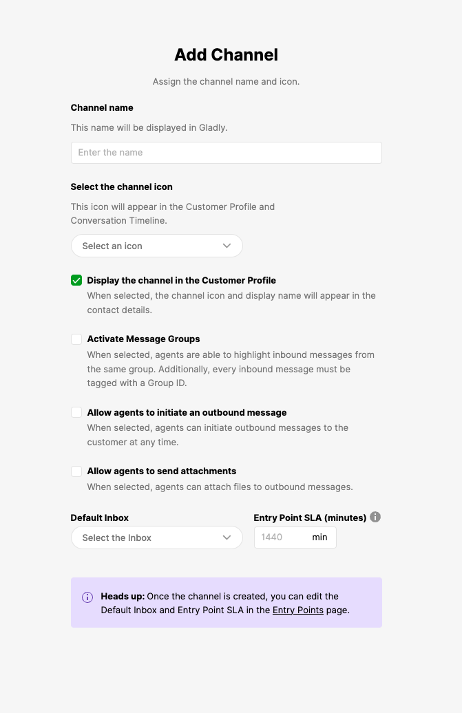 The Add Channel form in Gladly with channel name, options, and default inbox