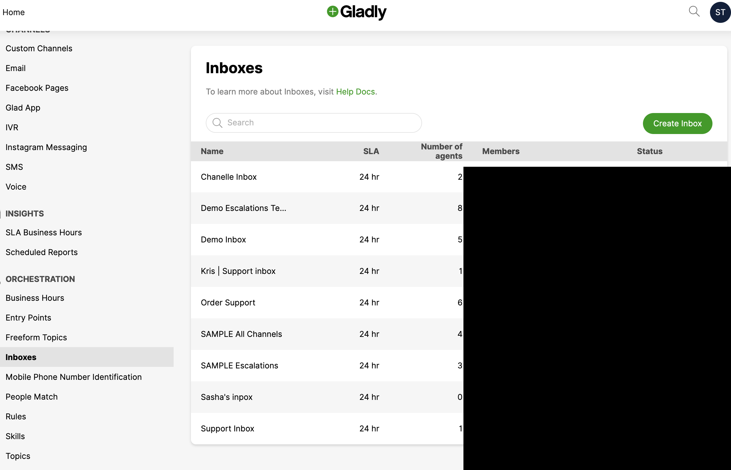 The Inboxes list in Gladly with a Create Inbox button