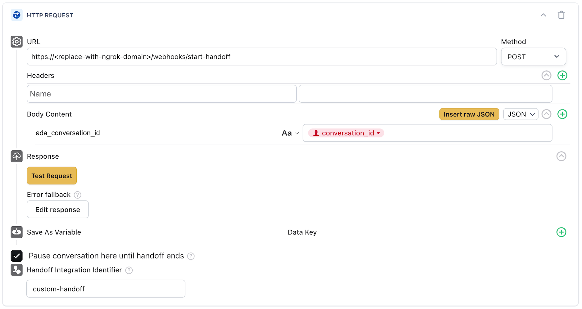 HTTP Request block configured for a custom handoff integration