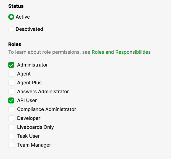 The API User role selected alongside the agent's existing role in Gladly