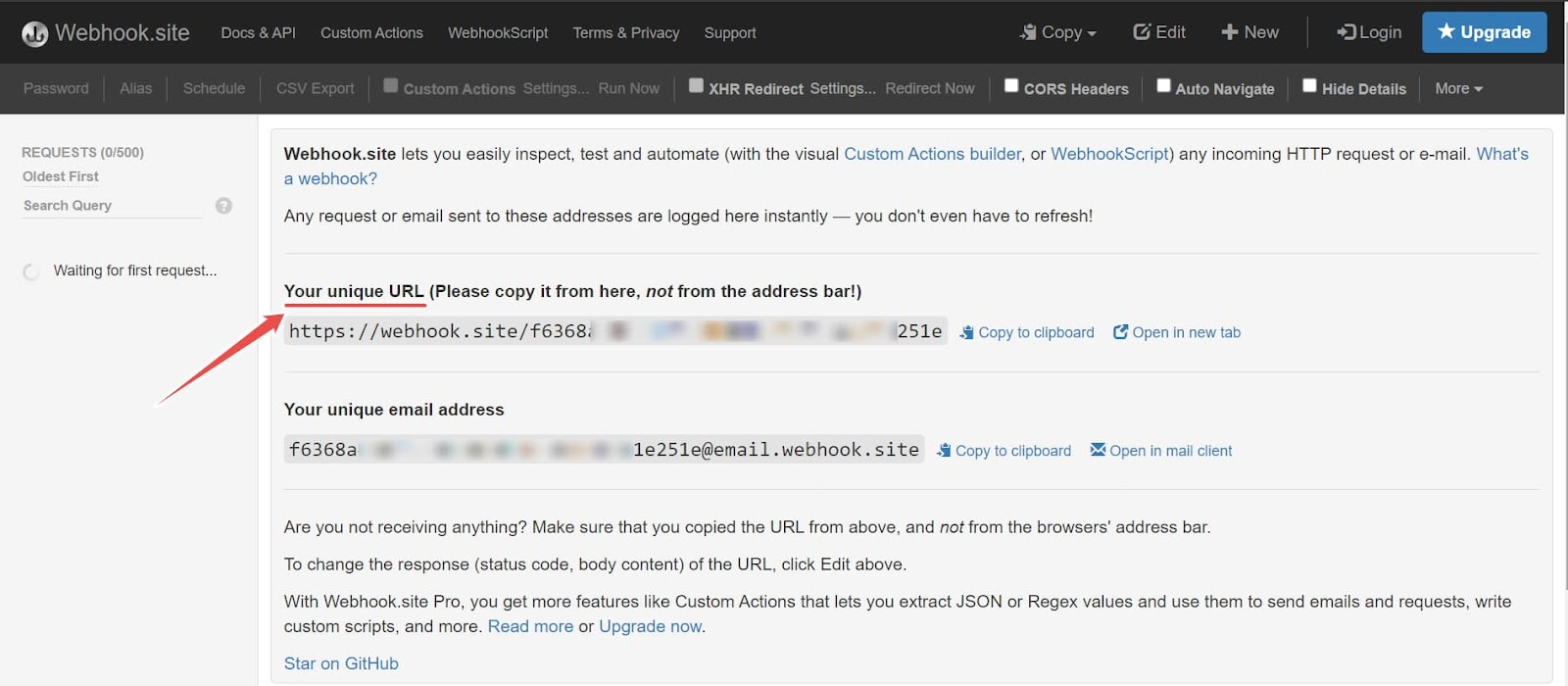 Copy the unique URL from the webhook site