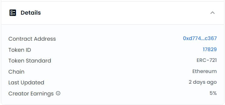 Details of the item’s contract address, token ID, etc.