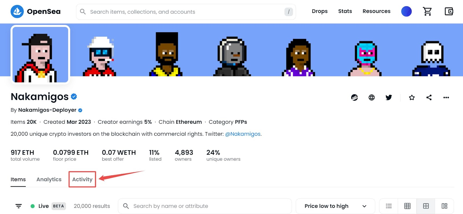 Click on the Activity tab