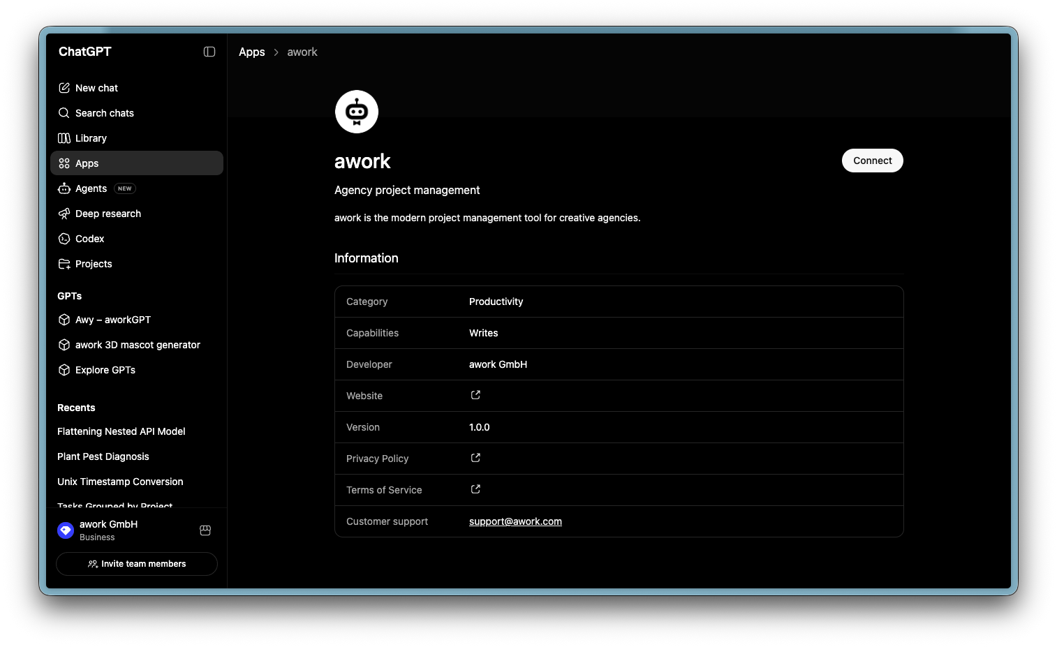 The awork app detail page in ChatGPT Apps with a Connect button