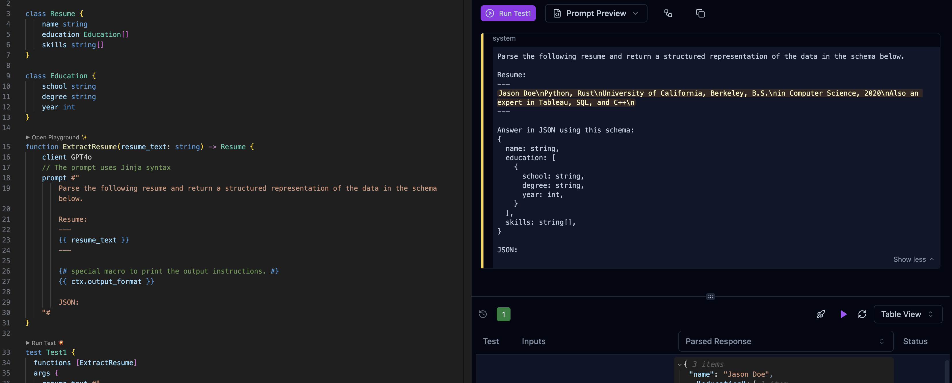 VSCode playground showing resume extraction with prompt preview