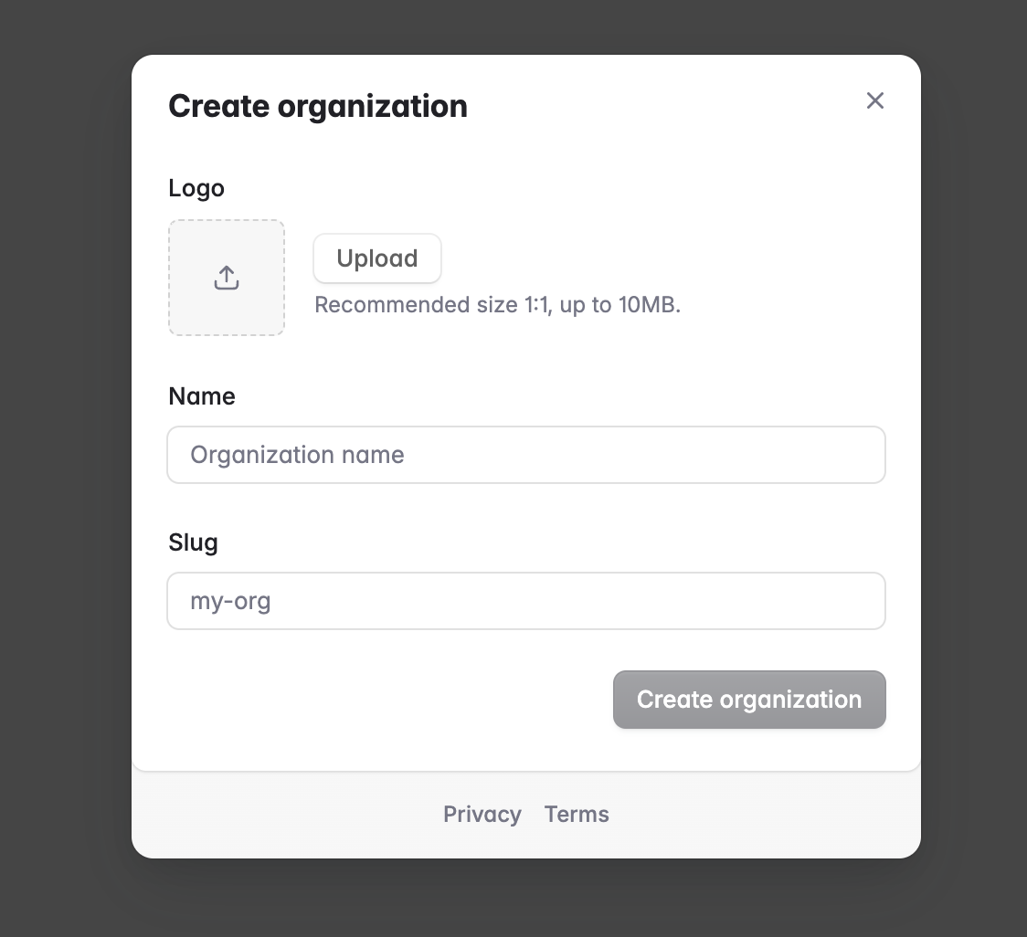 Organization creation dialog