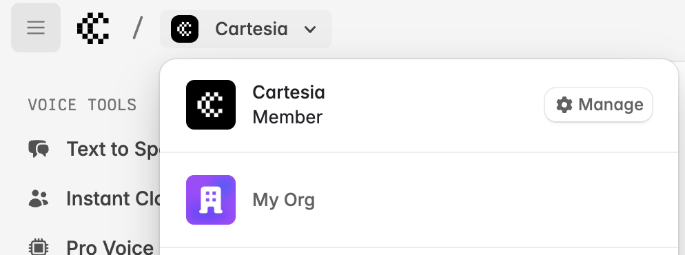 Organization manage button in switcher