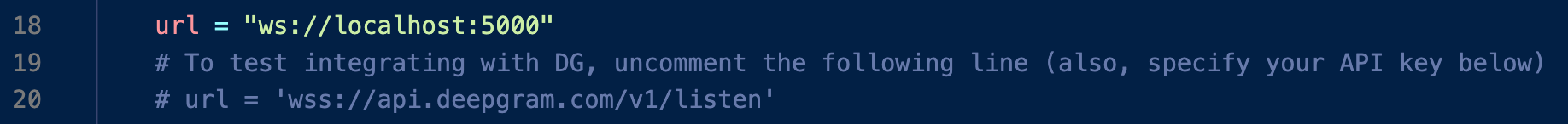image of terminal showing lines to edit to connect to Deepgram