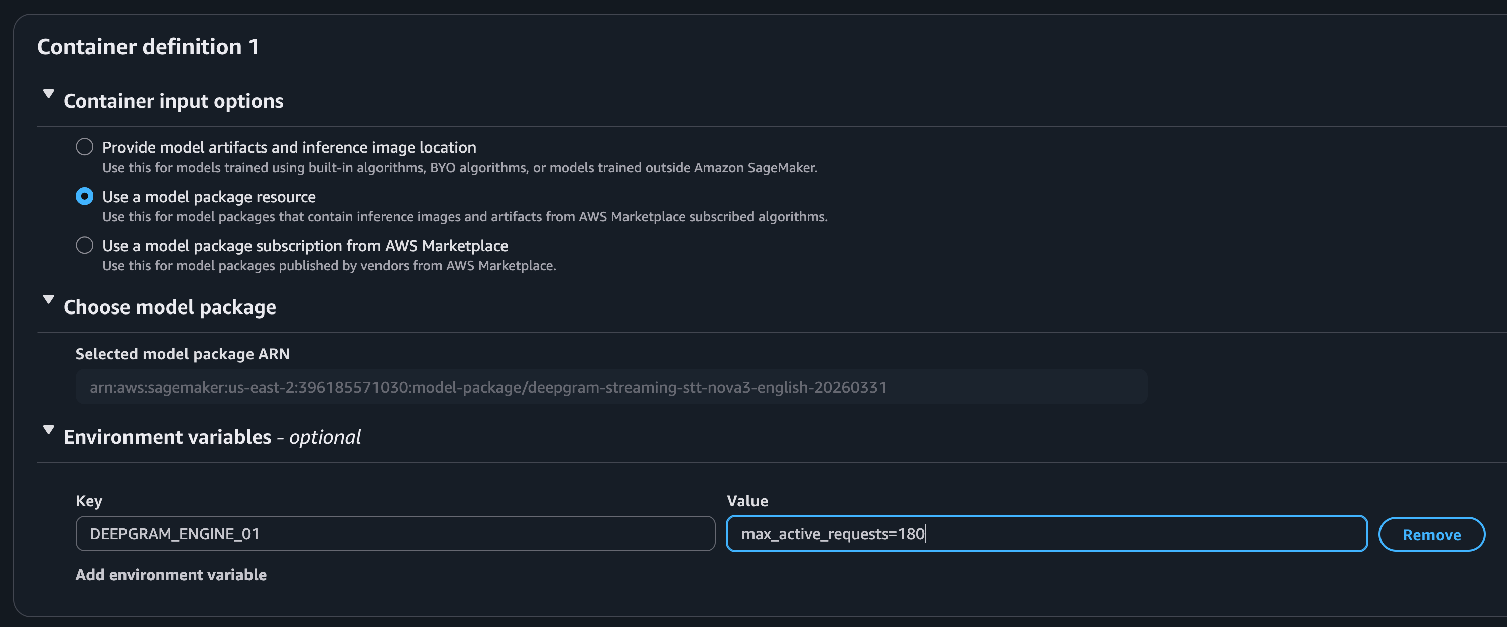 SageMaker console showing environment variable configuration for a Deepgram model package