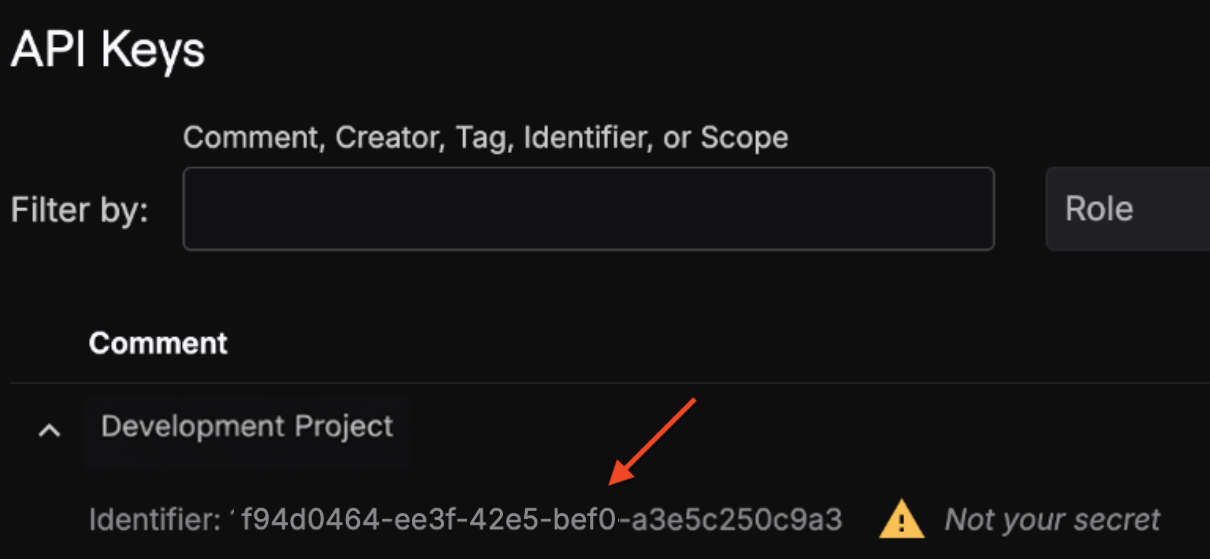 Expanded API key row showing the Key ID field available to copy