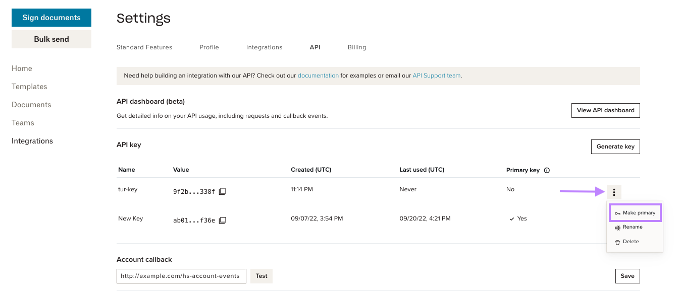 Screenshot showing the api dashboard and location of the Primary key button.
