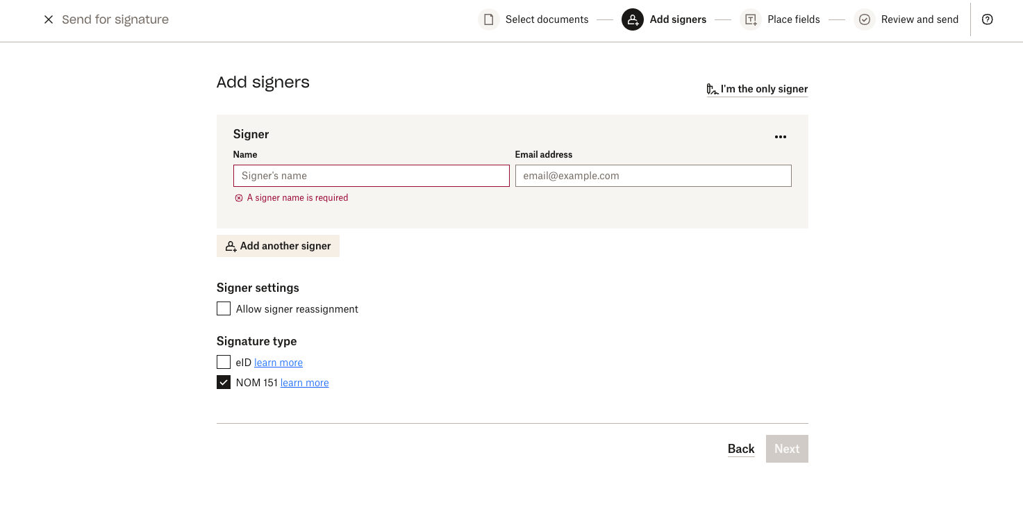 Image of NOM 151 option selected