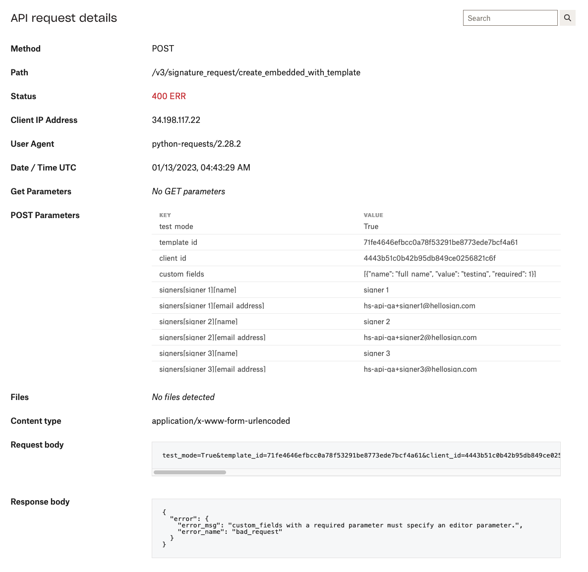 Details for a specific api call which was unsuccessful