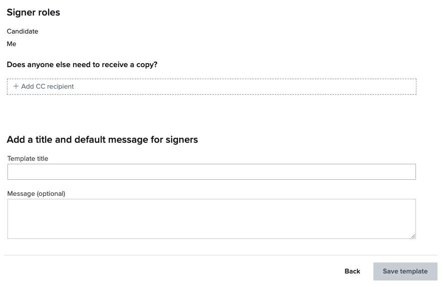 Screenshot of CC recepients, title and message in template editor