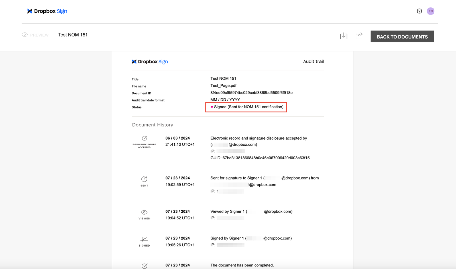 Image of NOM 151 cert on Audit Trail