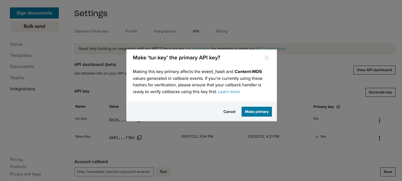 Screenshot showing a modal confirming you want to make the key primary.