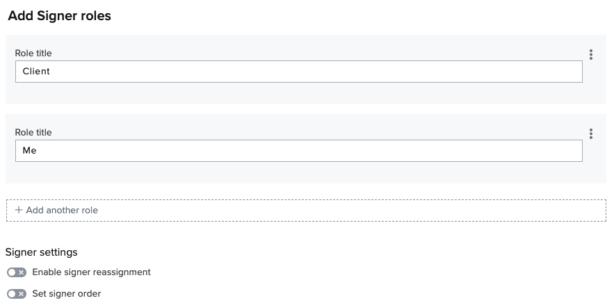 Screenshot of 'Roles setup' section in template editor