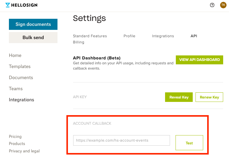 Screenshot of account callback url in Dropbox Sign account settings page