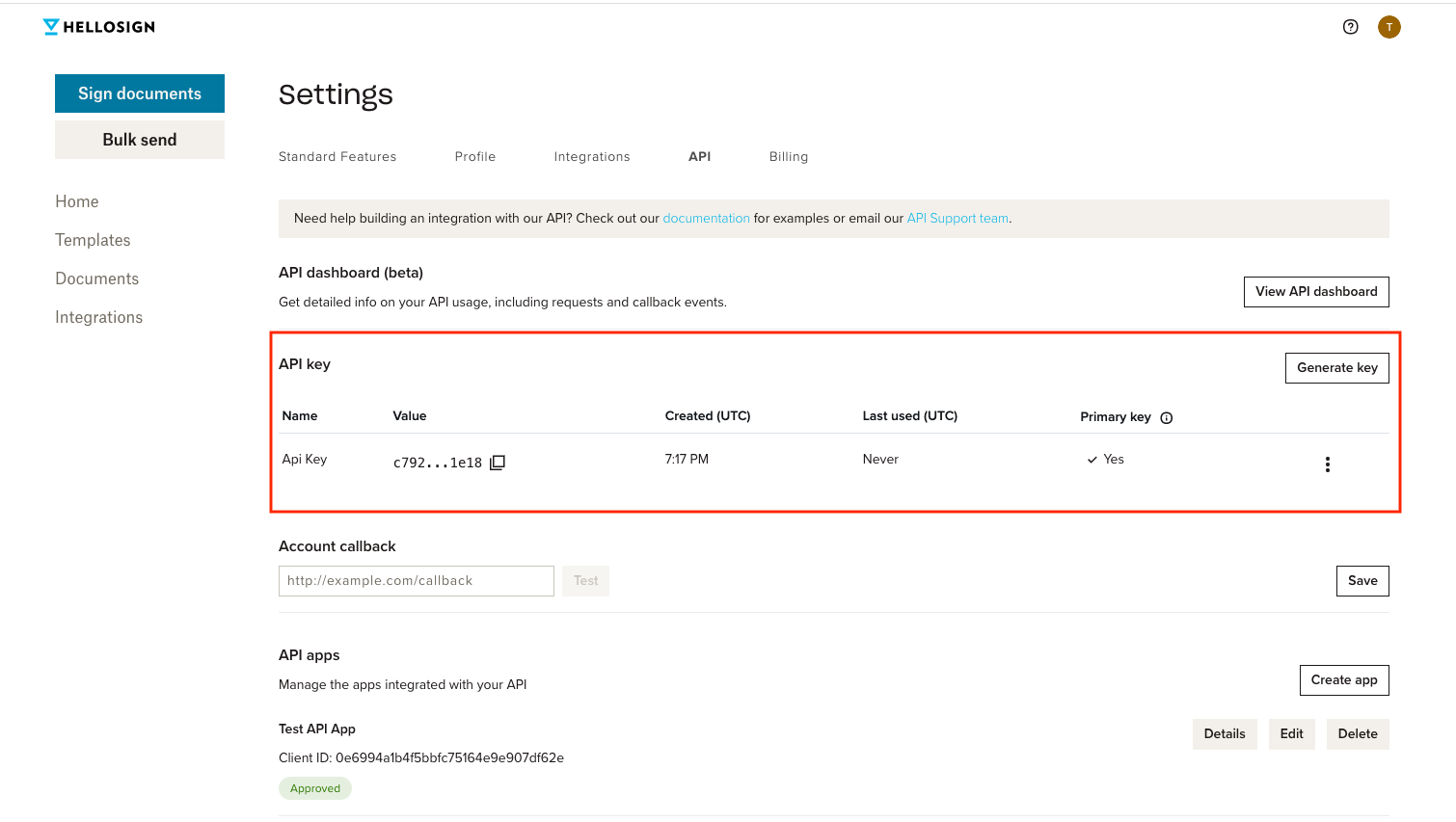 Screenshot showing the api settings page and location of api key table.