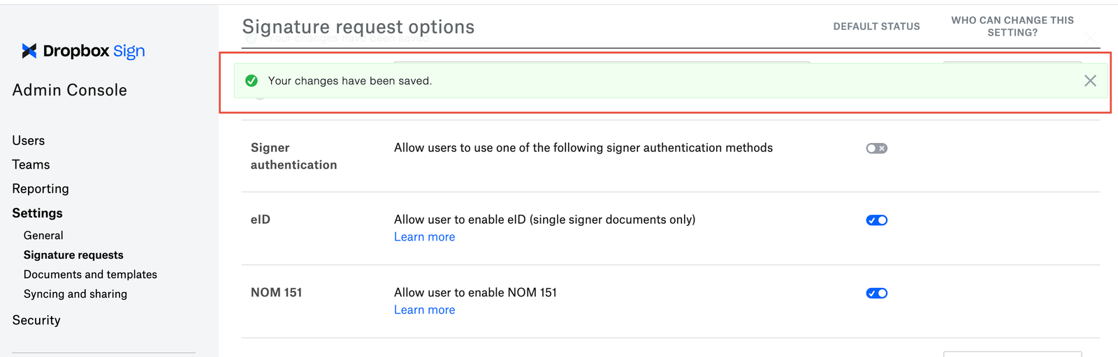Image of successful enablement notification