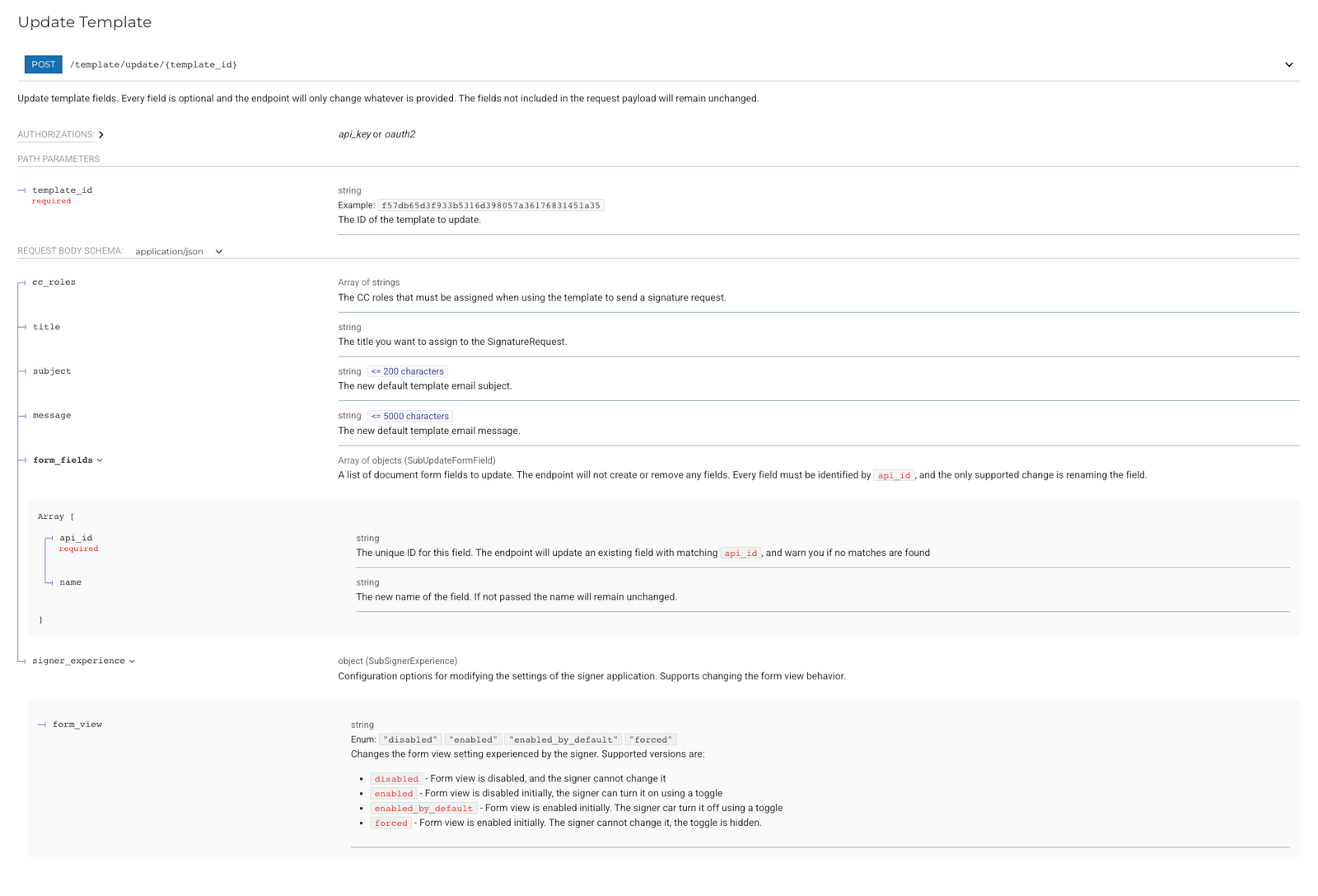 Update template endpoint