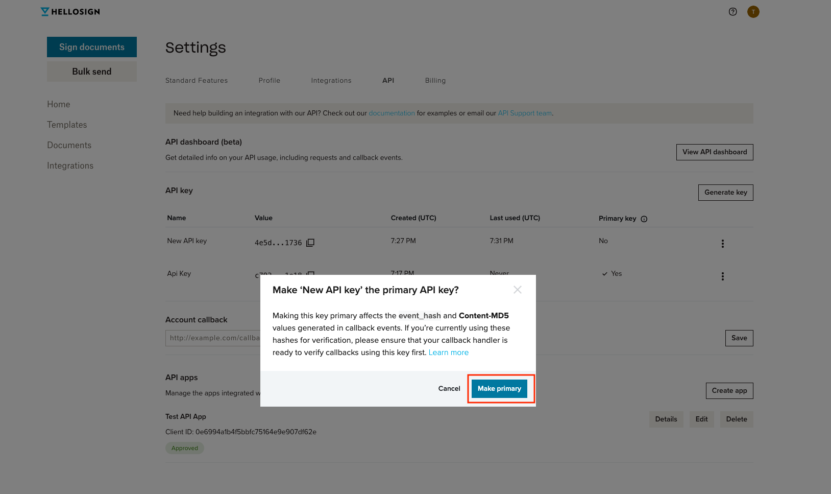 Screenshot of modal to confirm change of primary key.
