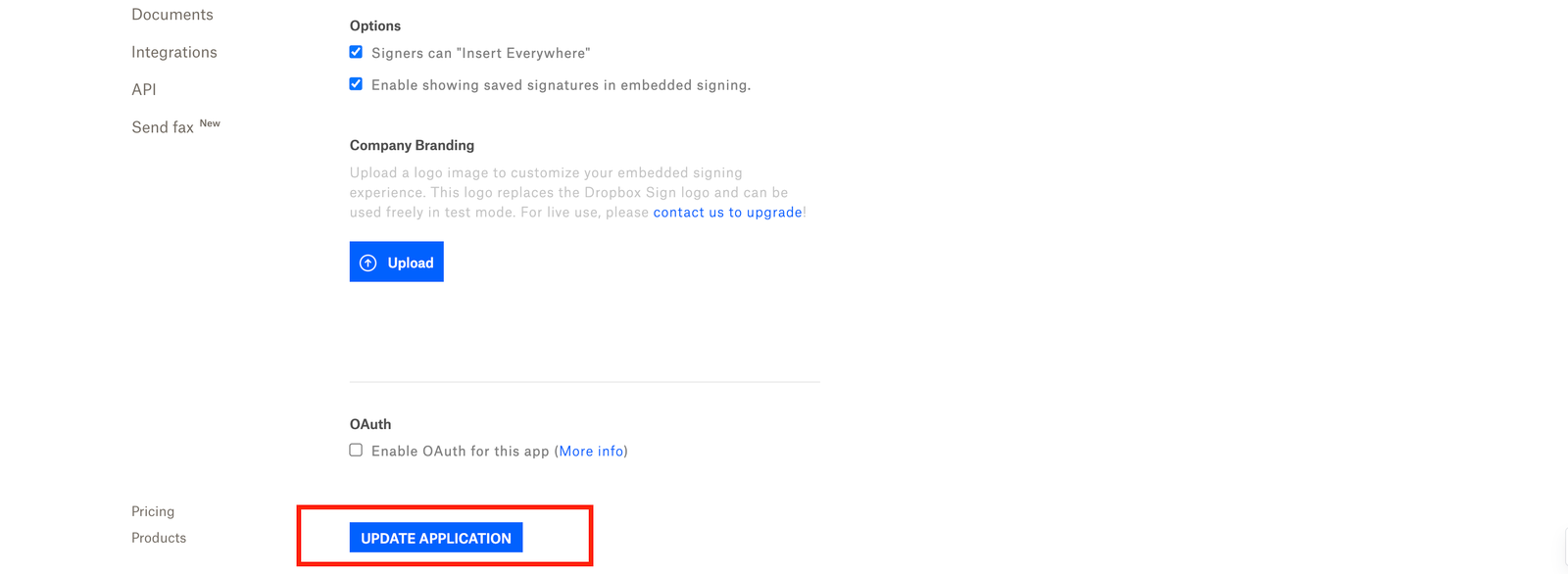 Setting enabled and update application button