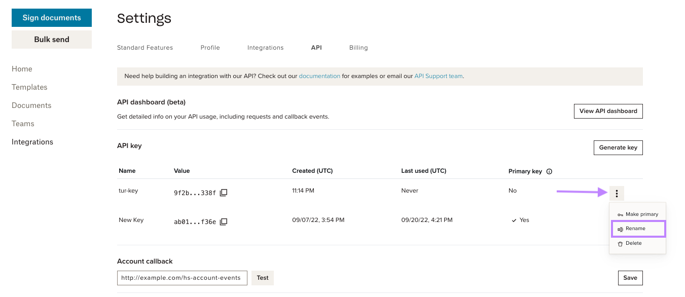 Screenshot showing the api dashboard and location of the Rename key button.