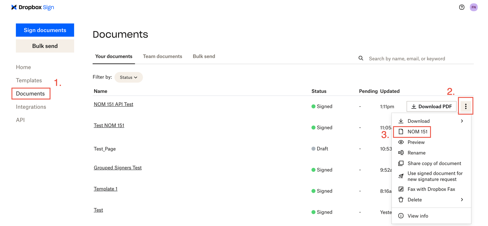 Image of NOM 151 cert in account UI Documents tab