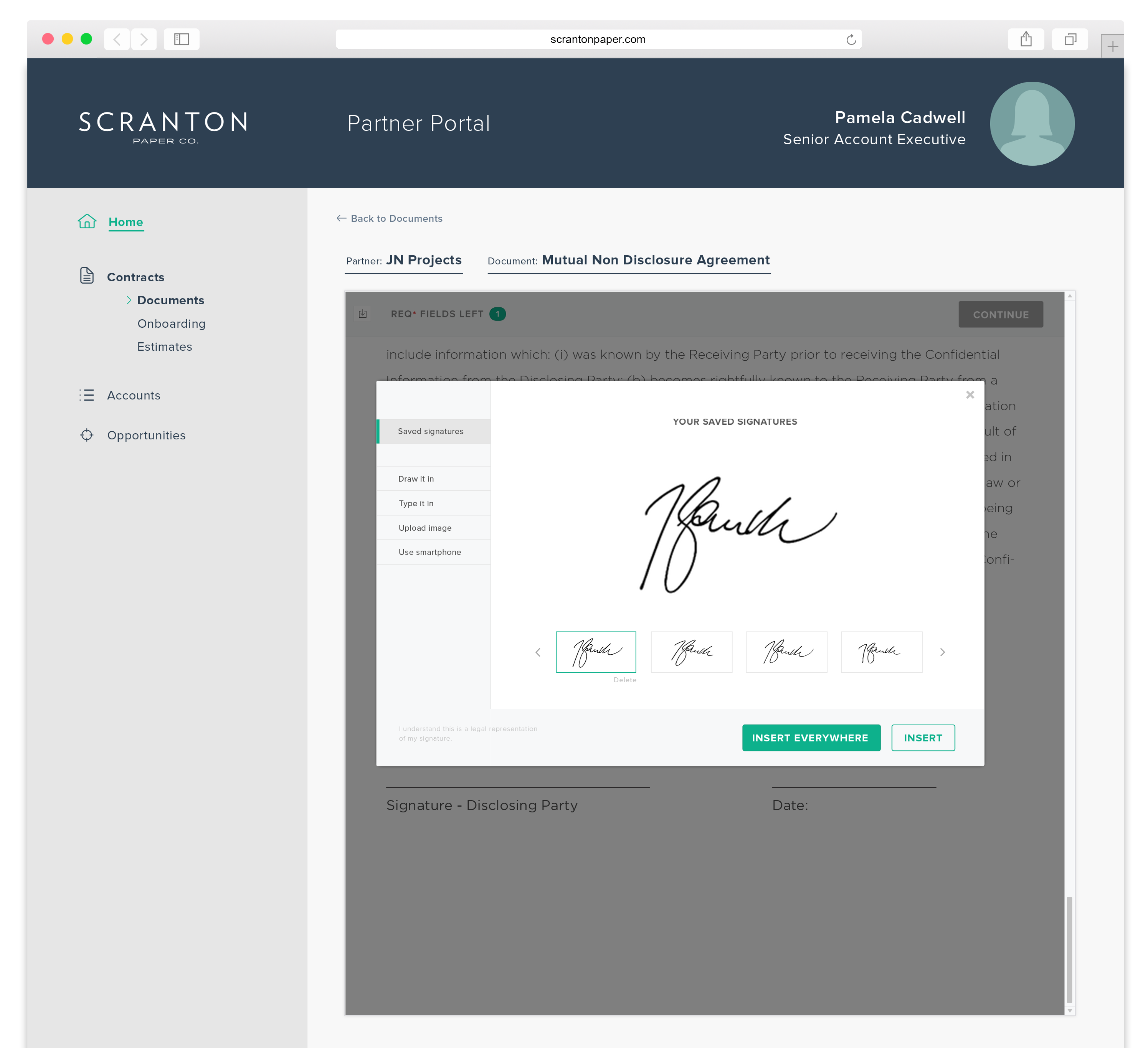 Shows the personalized in the signature modal as they choose from available signature options