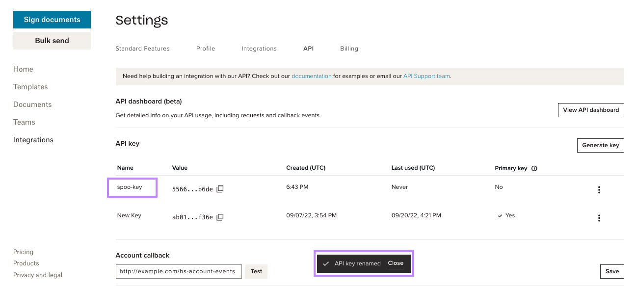 Screenshot showing the api dashboard with a confirmation banner of key being renamed.